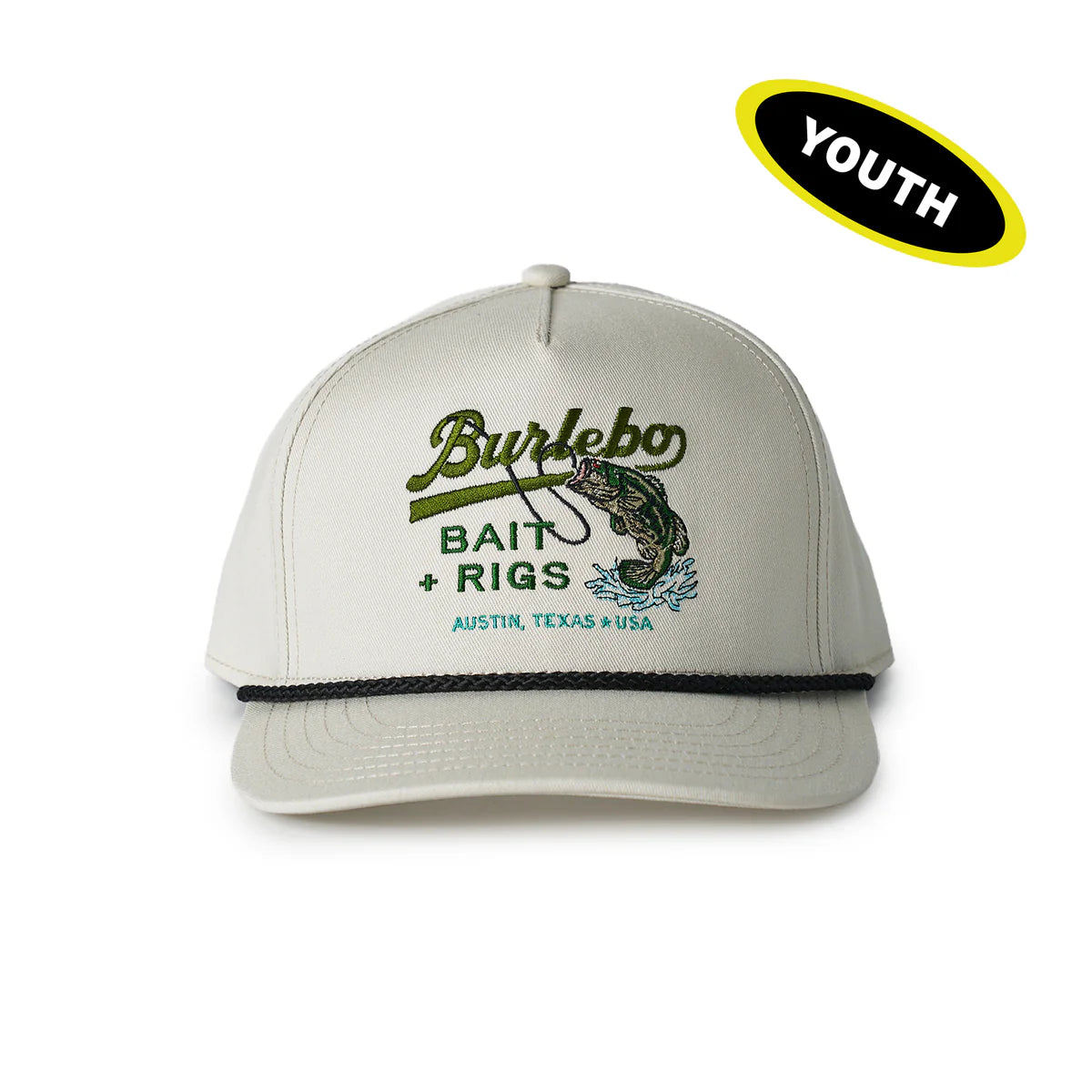 Beige cap with green text and fish graphic, featuring Burlebo Bait + Rigs branding.