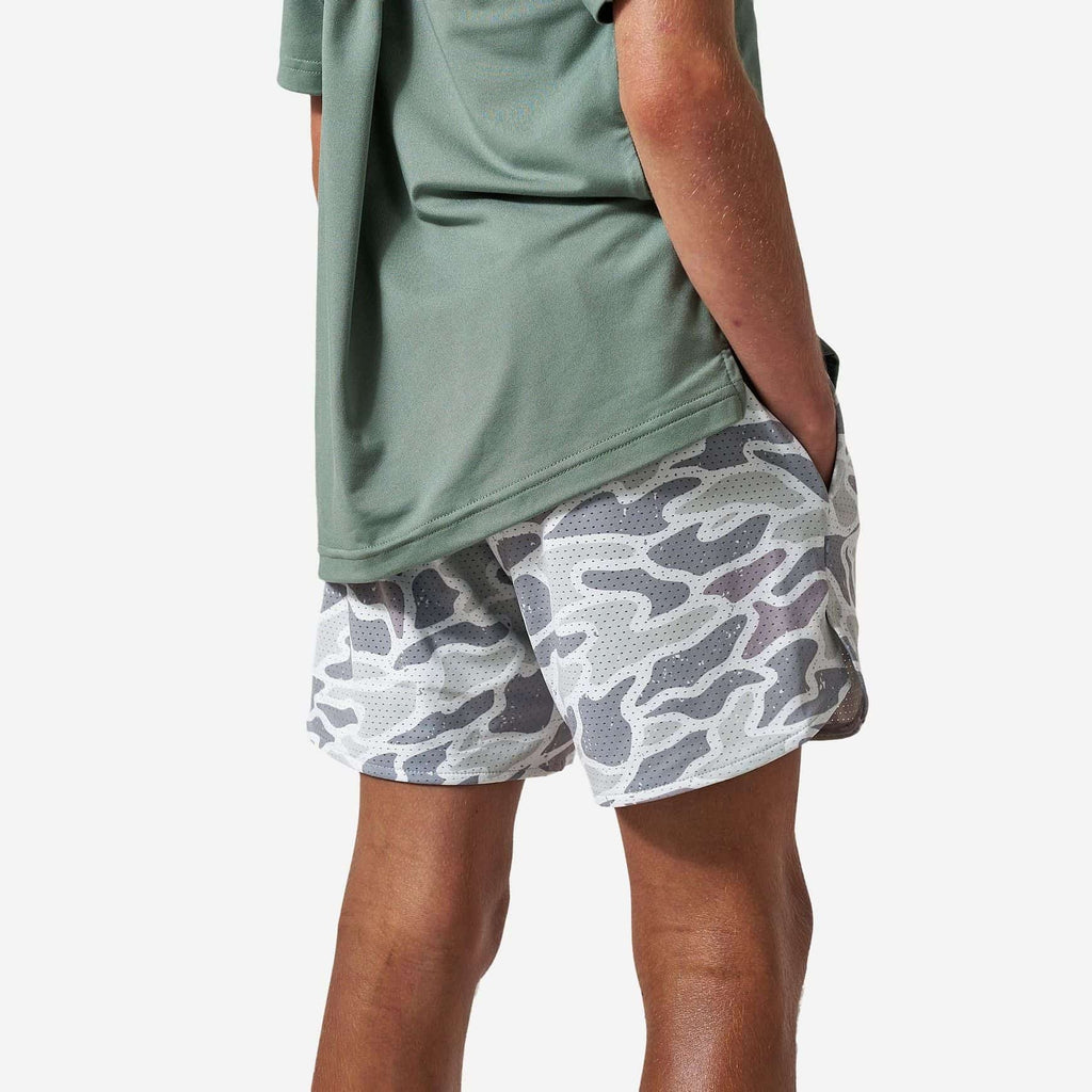 BURLEBO Youth Mesh Training Shorts White Camo alternate model view