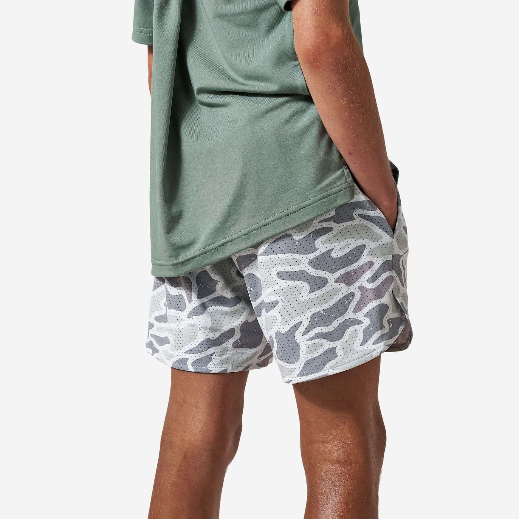 BURLEBO Youth Mesh Training Shorts White Camo alternate model view