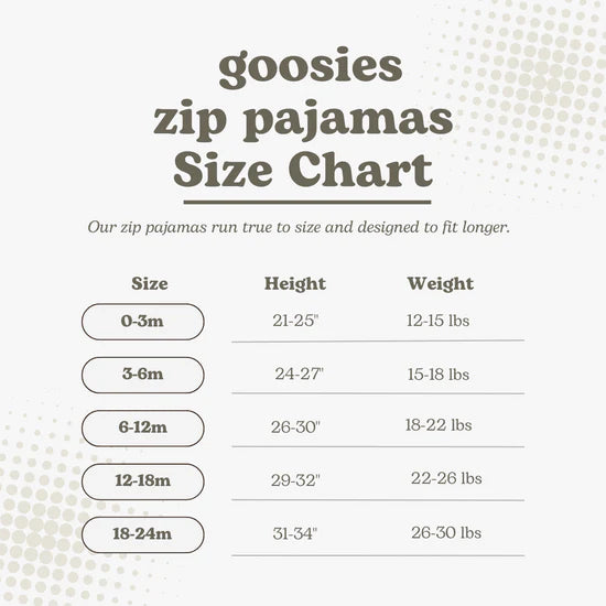 Size chart for goosies zip pajamas with height and weight ranges.
