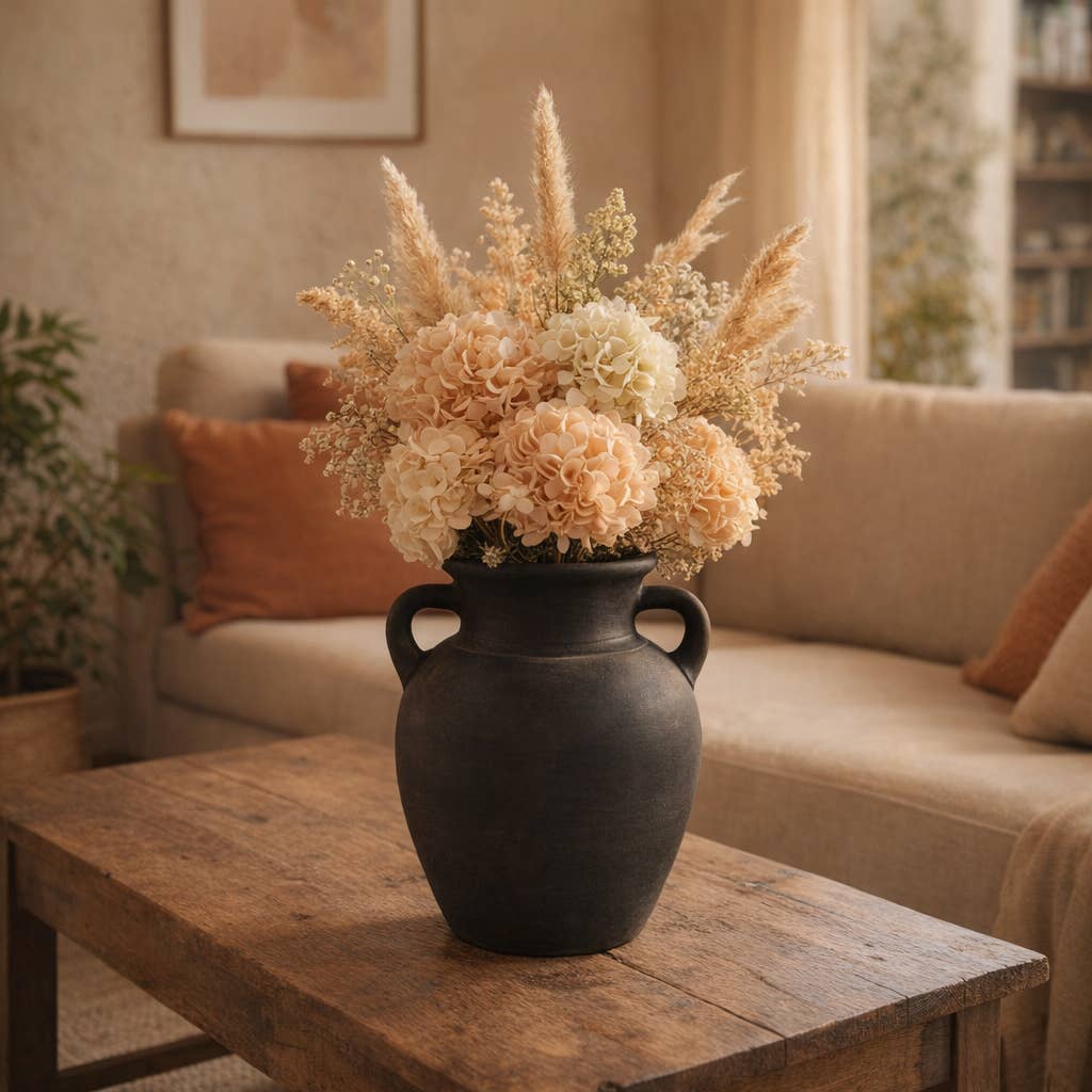 Decorative Vase - Black Ceramic Amphora with Handles, 9 in.