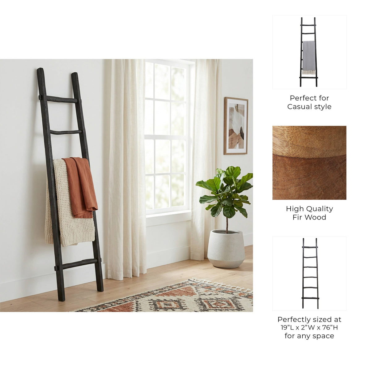 Wood Freestanding Decorative Blanket Ladder - Black, 76 in.