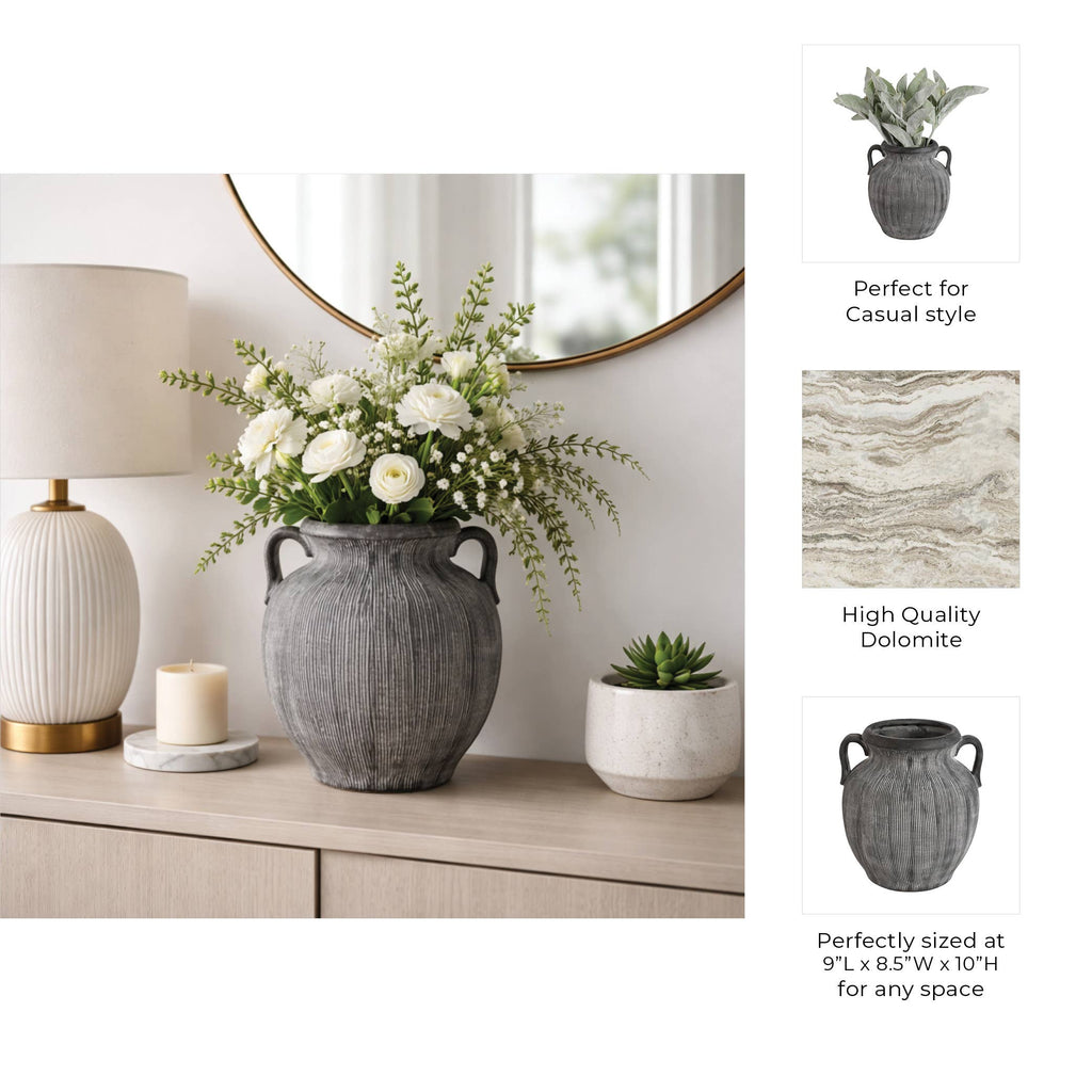Black Ribbed Stoneware Vase with Handle, 10 in.