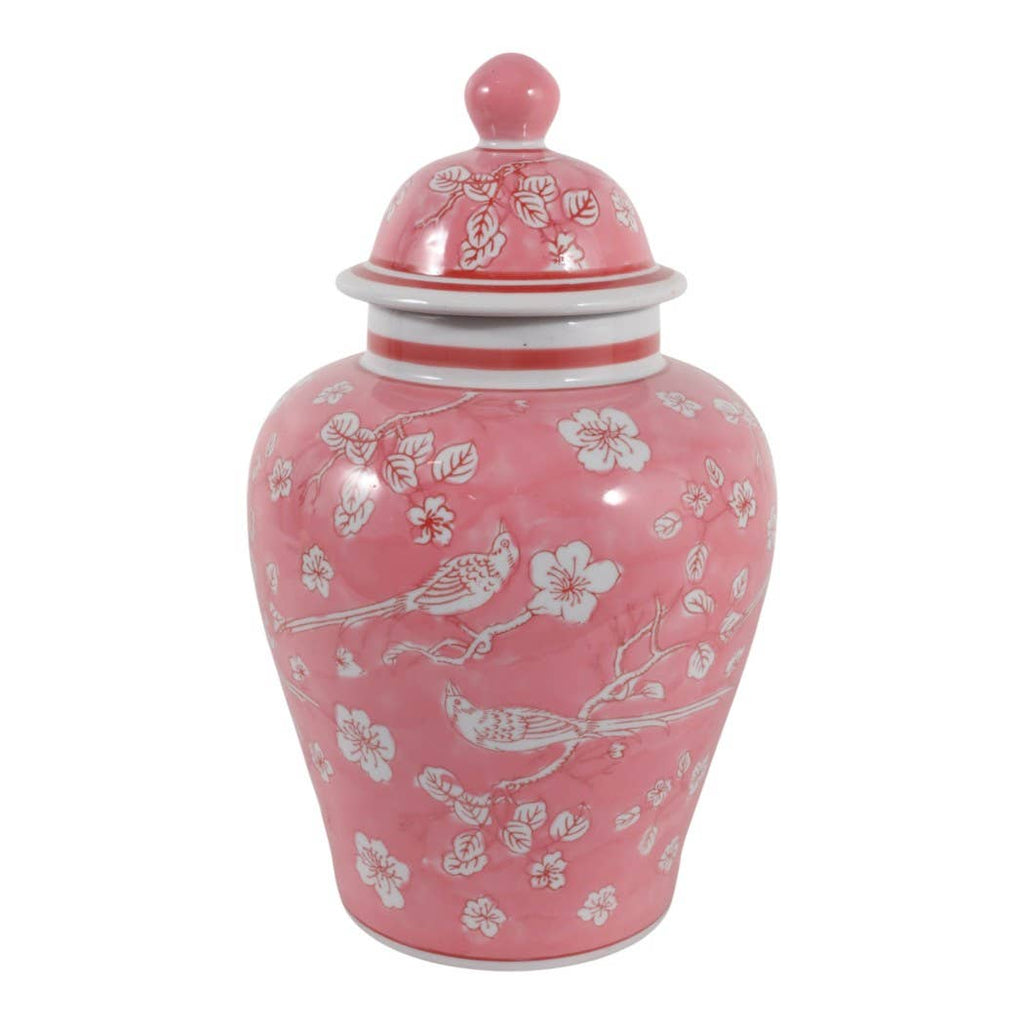 Decorative Jar - Pink/White Ceramic Floral Chinoiserie, 14 in.