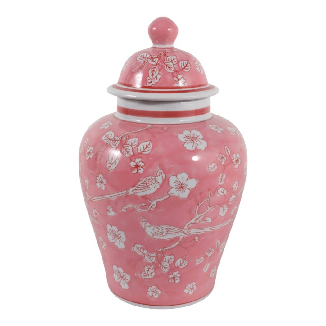Decorative Jar - Pink/White Ceramic Floral Chinoiserie, 14 in.