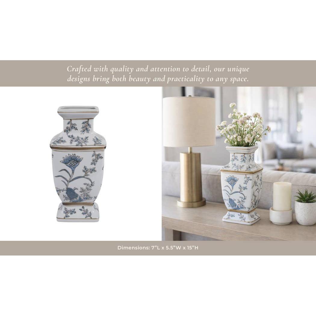 Blue and Brown Floral Chinoiserie Ceramic Vase, 15 in.