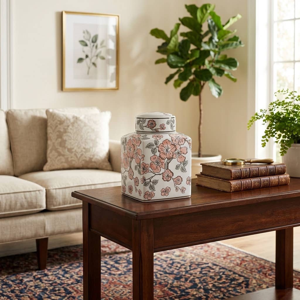 White and Pink Cherry Blossom Ceramic Jar, 9 in.