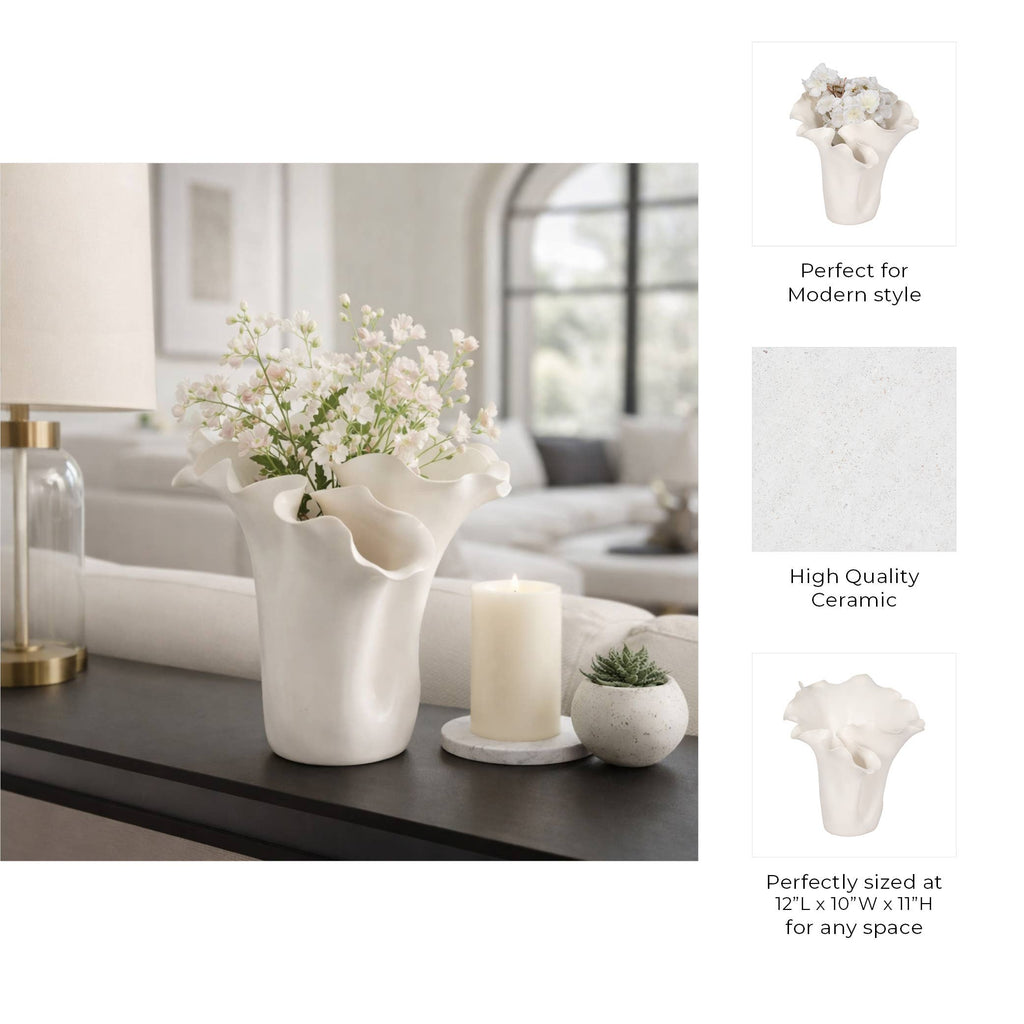 White Ruffled Ceramic Vase, 11 in.