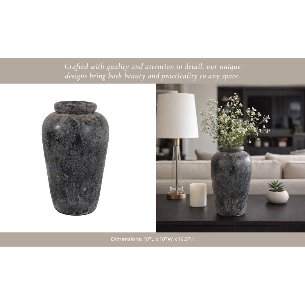 Decorative Vase - Black Terracotta Brushed Textured, 16 in.