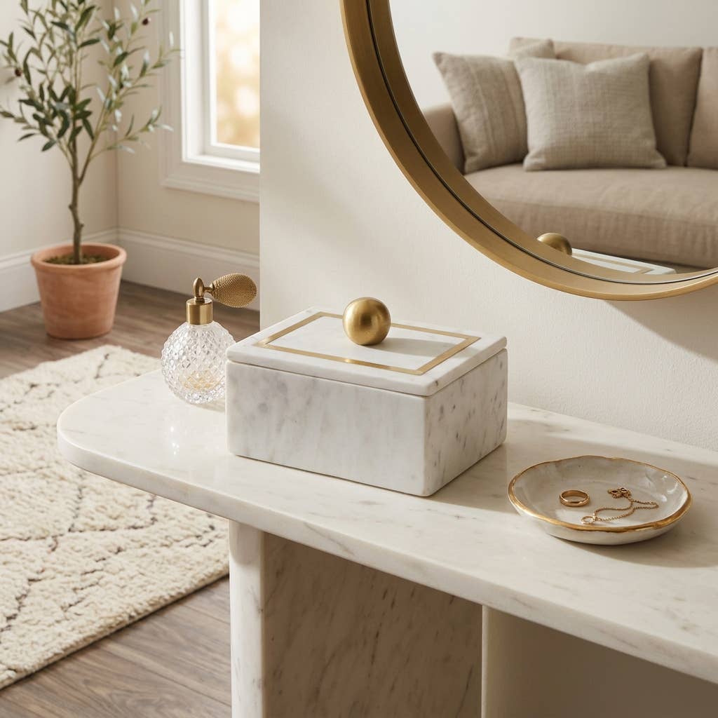 Marble Rectangular Box with Removable Lid - White, 7 in.