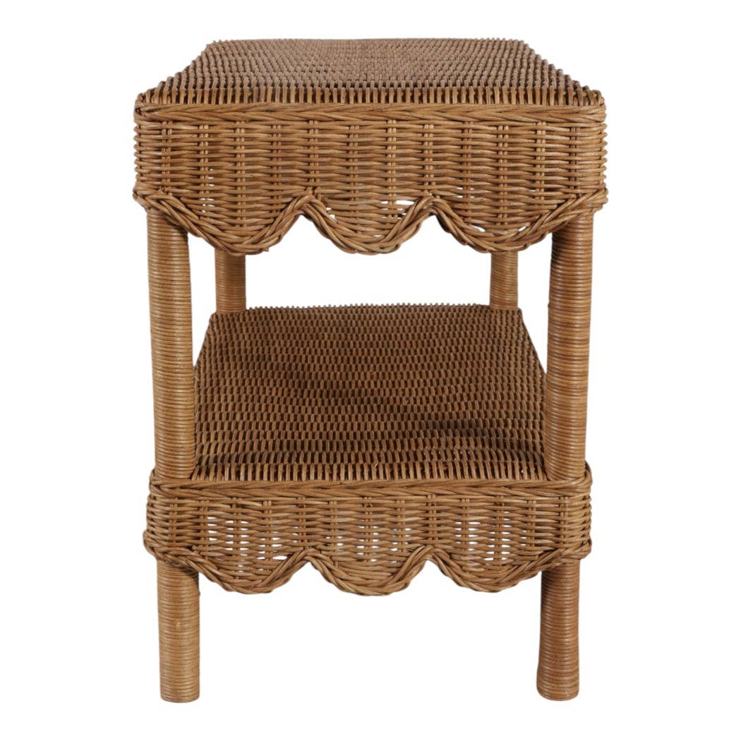 Side Table - Tan/Brown Wicker with Scalloped Edges, 19 in.