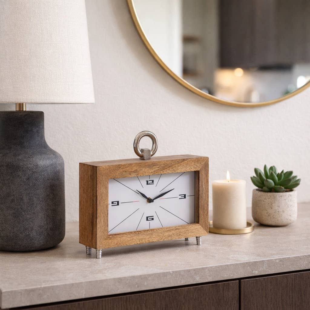 Table Clock - Brown Wood Rectangular with Ring, 10 in.