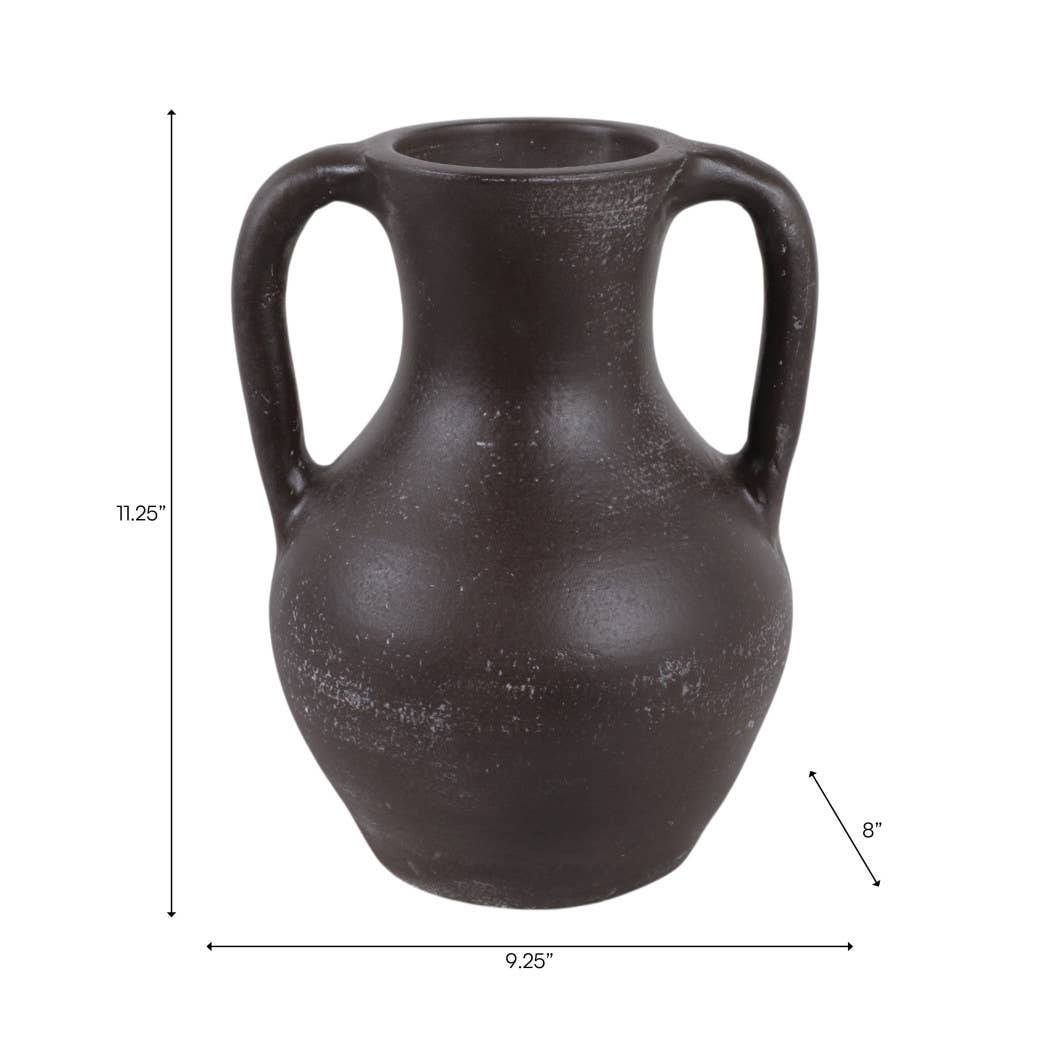 Decorative Vase - Brown Ceramic Rustic Jug with Handles, 11 in.