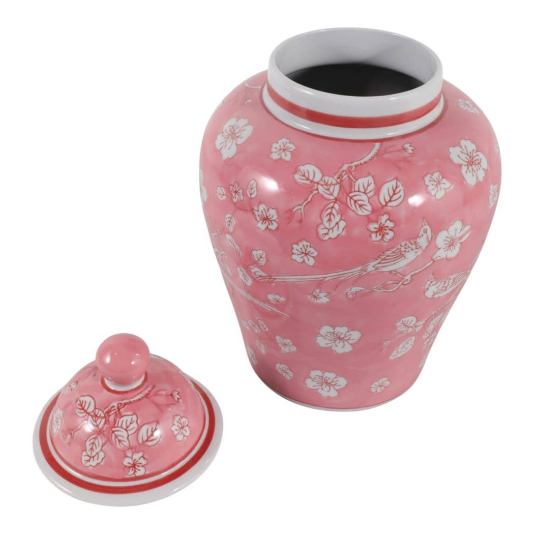 Decorative Jar - Pink/White Ceramic Floral Chinoiserie, 14 in.