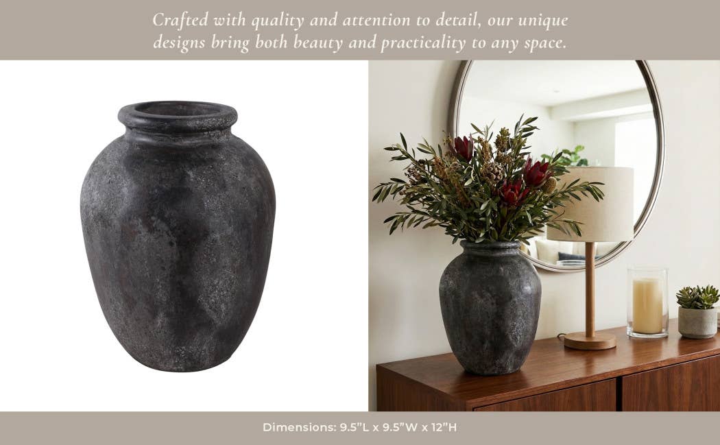 Decorative Vase - Black Ceramic Textured Surface, 12 in.