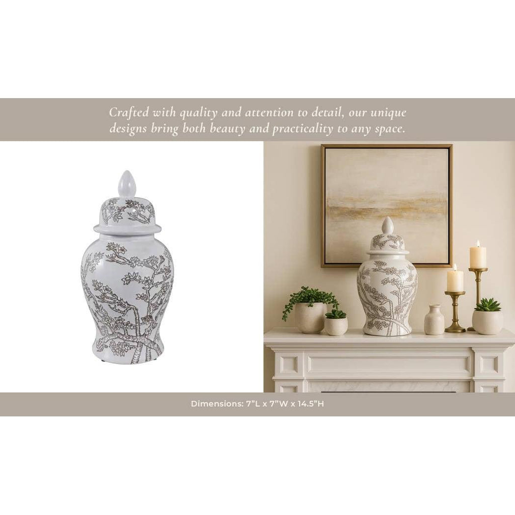 Temple Jar - White/Brown Ceramic Cherry Blossom, 15 in.