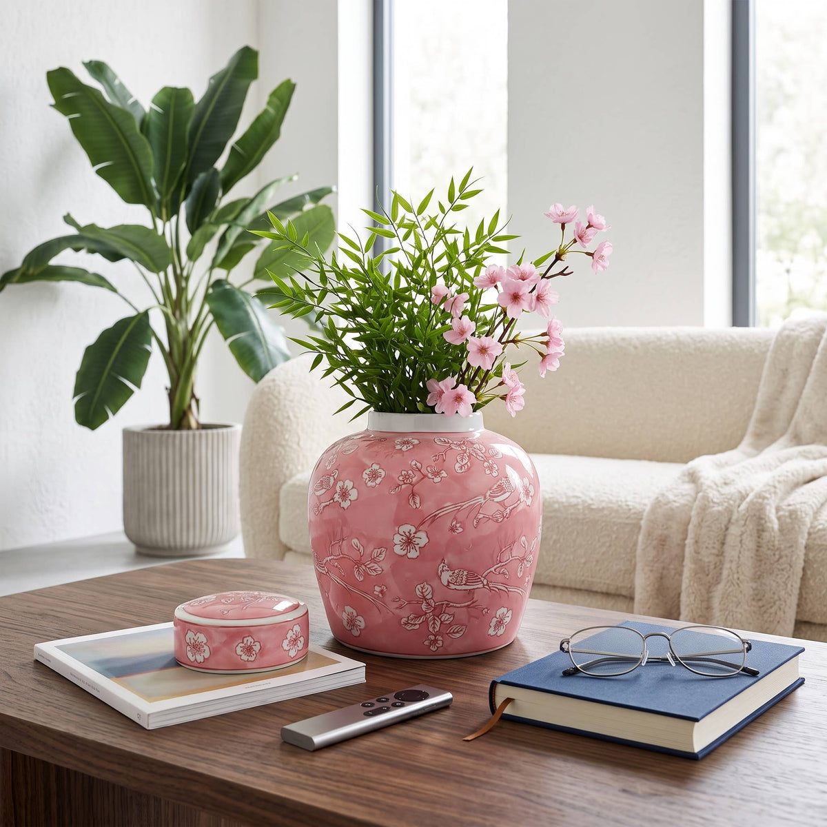 Decorative Jar - Pink Ceramic Chinoiserie with Lid, 10 in.