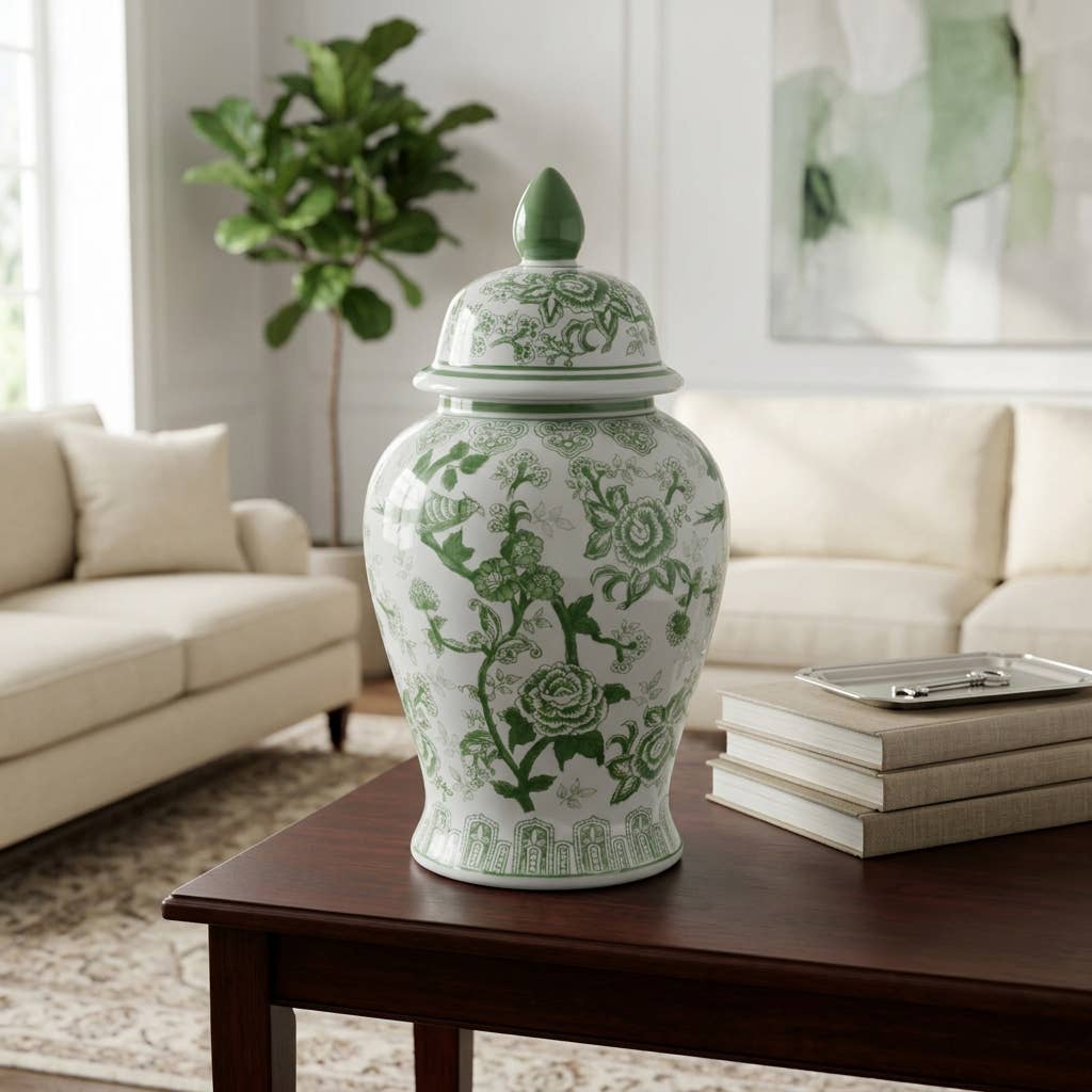Green Tall Bird and Flower Ceramic Jar, 18 in.