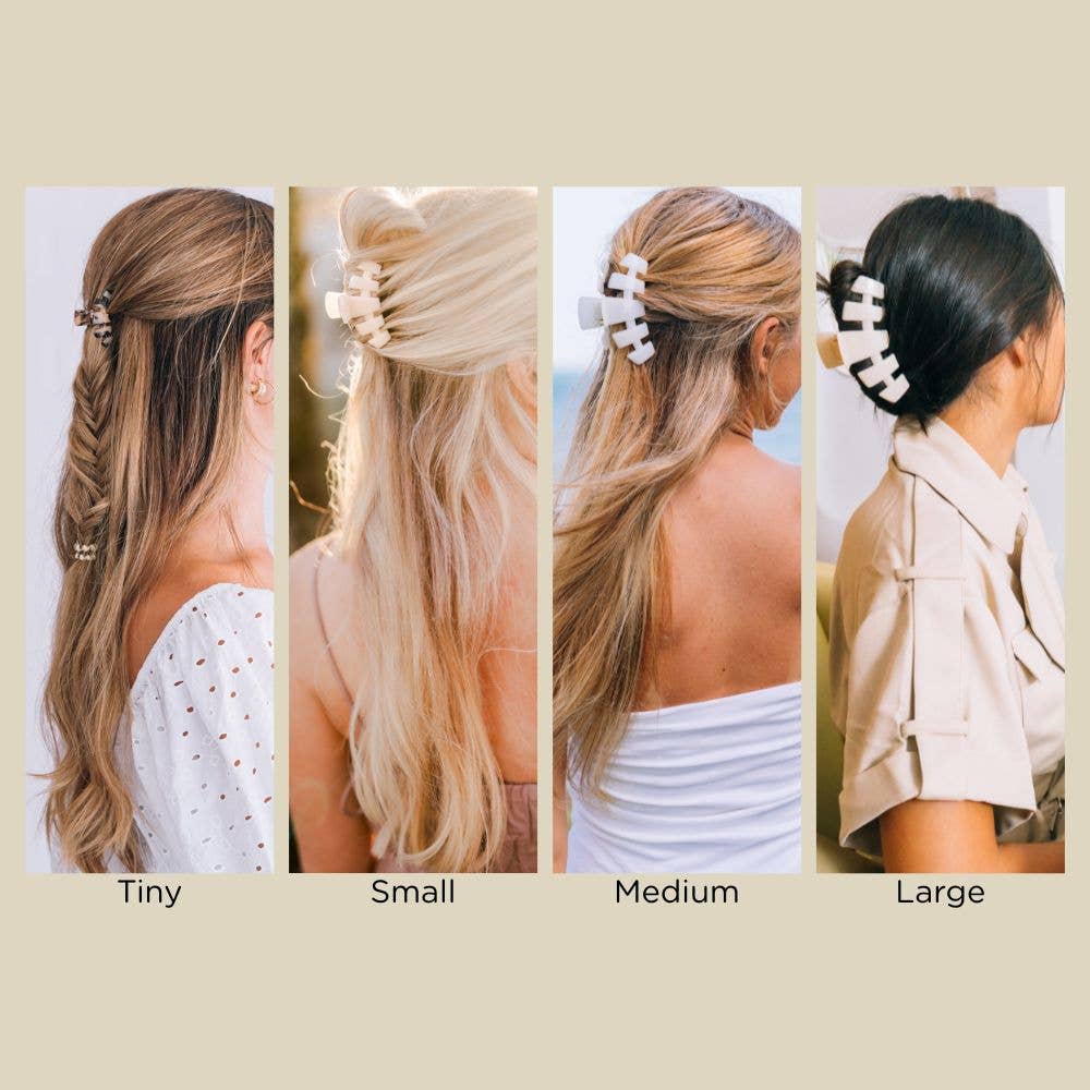Four different hair accessory sizes on women with various hairstyles.