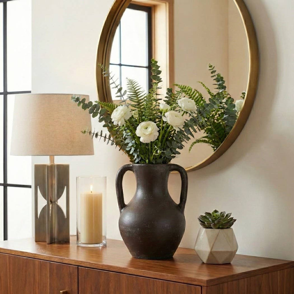 Decorative Vase - Brown Ceramic Rustic Jug with Handles, 11 in.