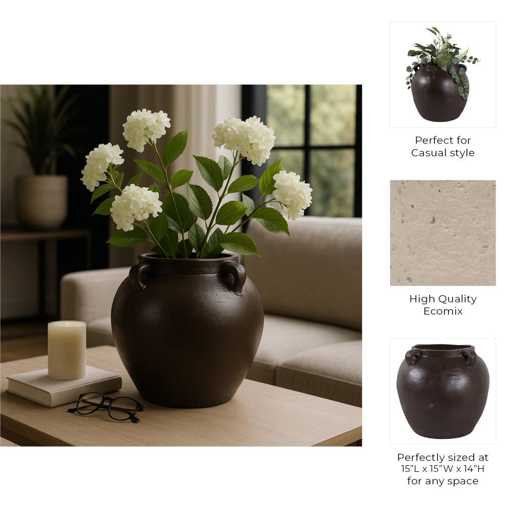 Decorative Vase - Brown Pottery Textured 4-Handle, 14 in.