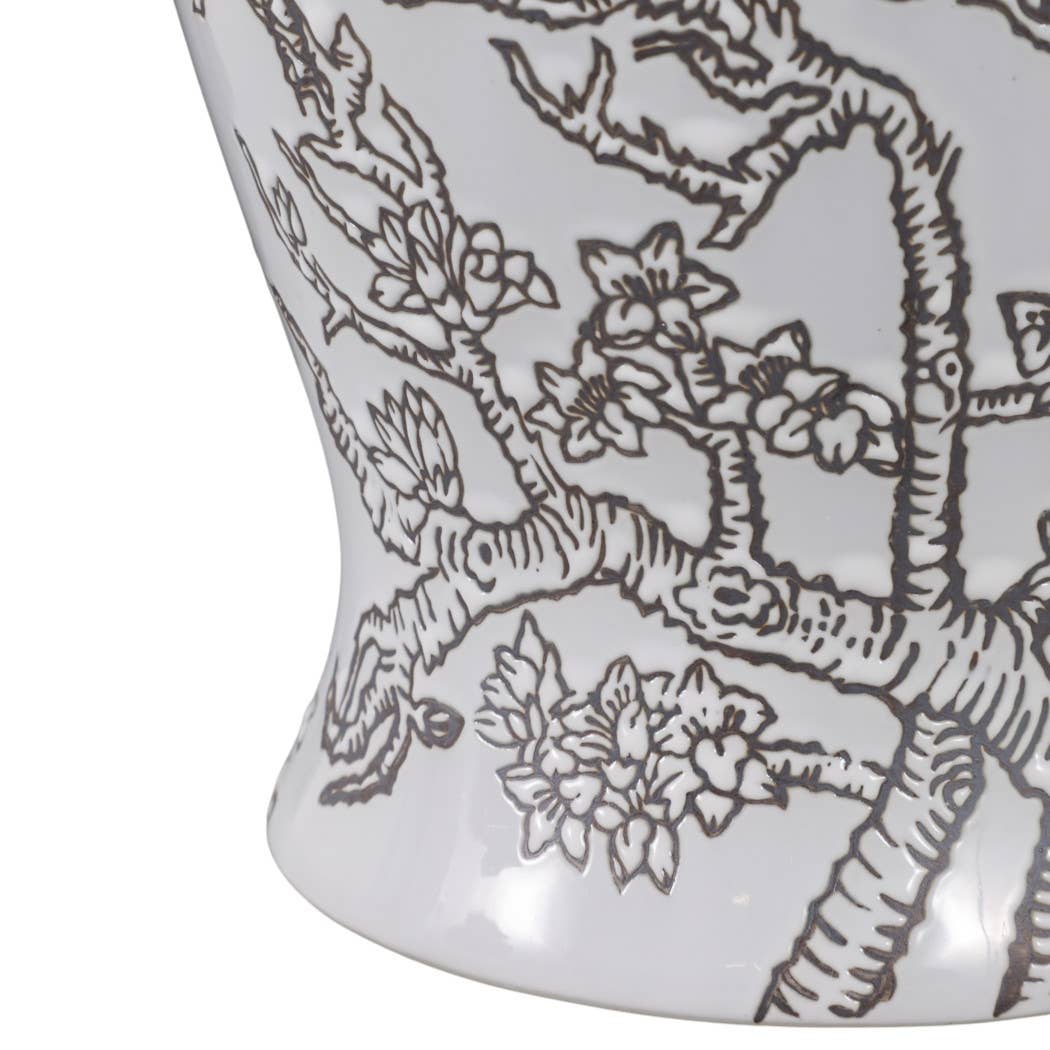 Temple Jar - White/Brown Ceramic Cherry Blossom, 15 in.