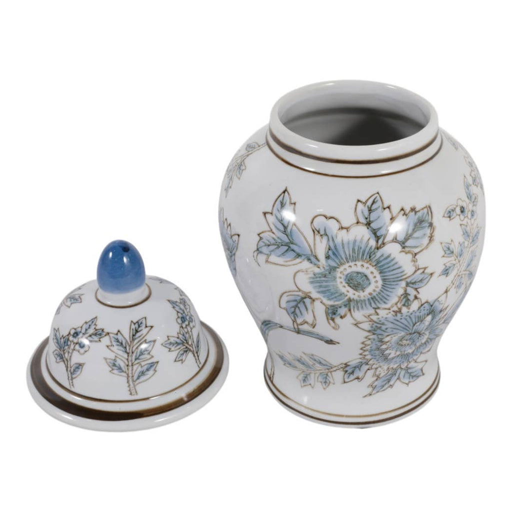 Decorative Jar - Blue/Brown Ceramic Floral Chinoiserie, 11 in.