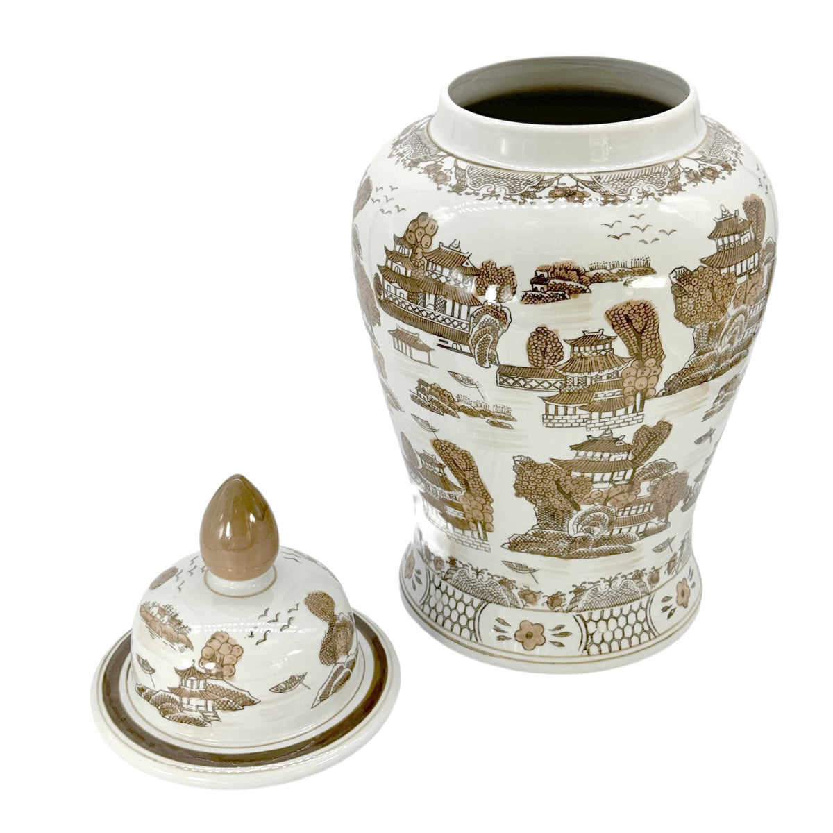 Brown & White Landscape Chinoiserie Ceramic Jar 25"