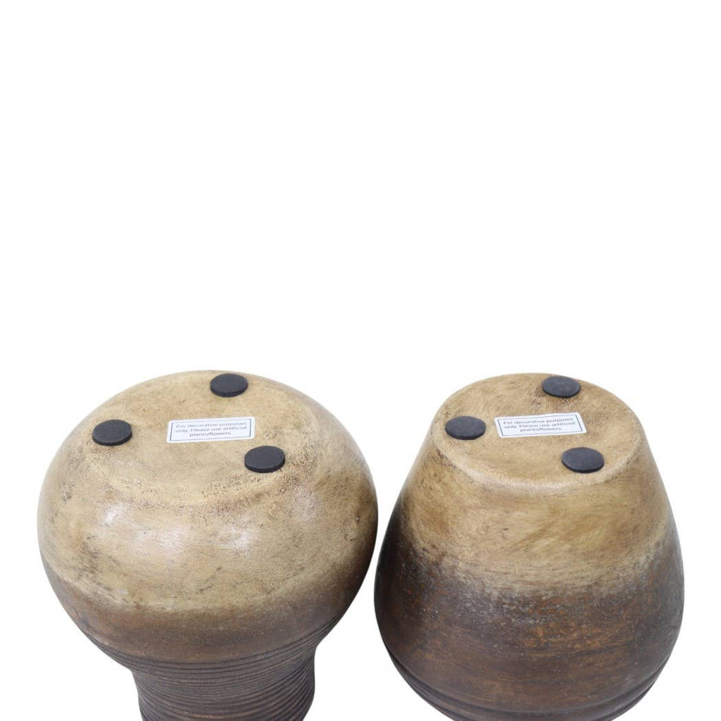 Decorative Vase Set of 2 - Brown Terracotta Grooved Lines, 6 in.