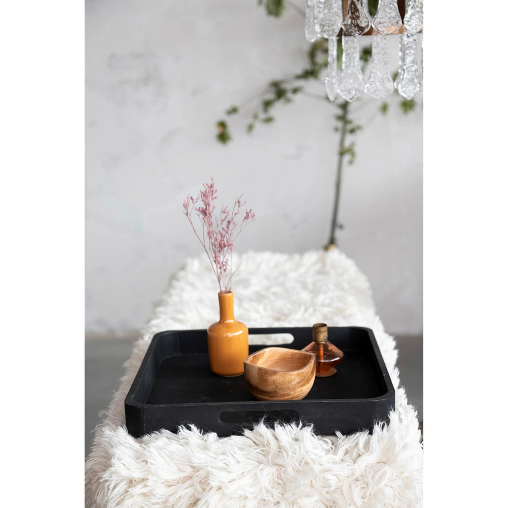 Decorative Mango Wood Tray w/ Handles, Black