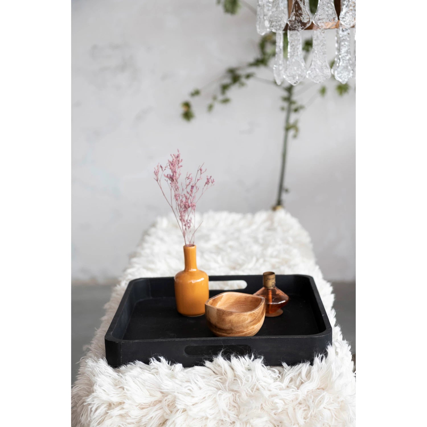 Decorative Mango Wood Tray w/ Handles, Black