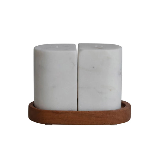 Marble Salt & Pepper Shakers w/ Acacia Wood Tray