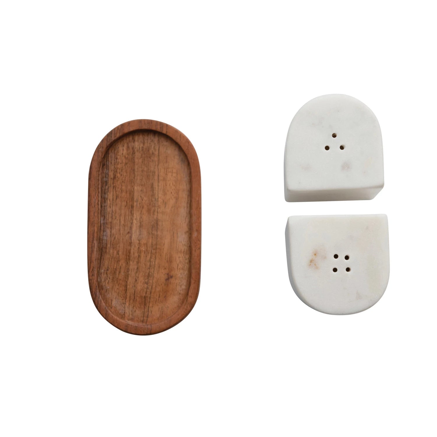 Marble Salt & Pepper Shakers w/ Acacia Wood Tray