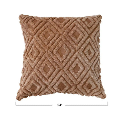 Square Cotton Tufted Pillow w/ Diamond Pattern & Chambray Back, Brown & Natural