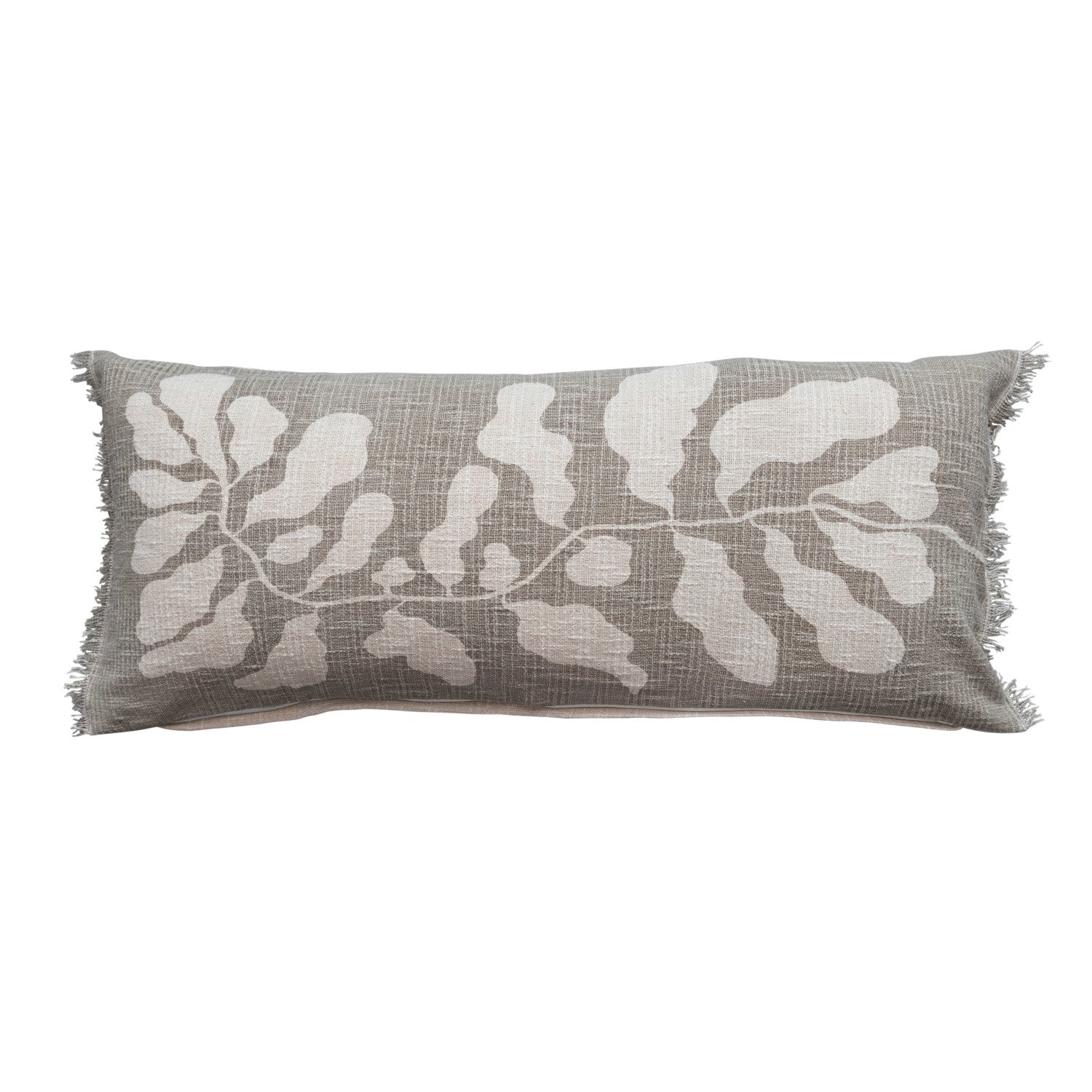 36"L x 16"H Cotton Lumbar Pillow w/ Botanical Print & Fringe, Sage Color & Natural