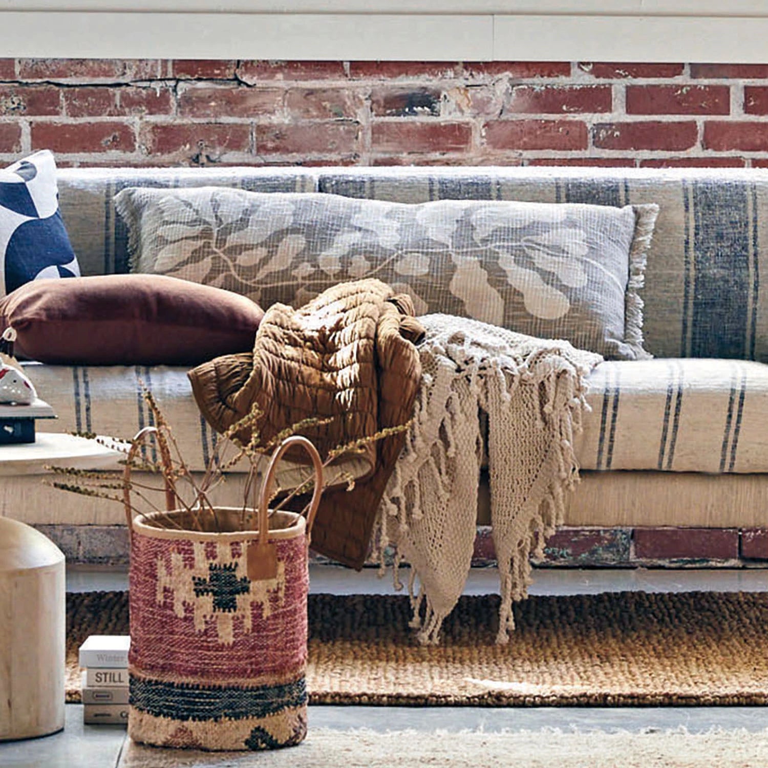 Cotton Lumbar Pillow w/ Botanical Print