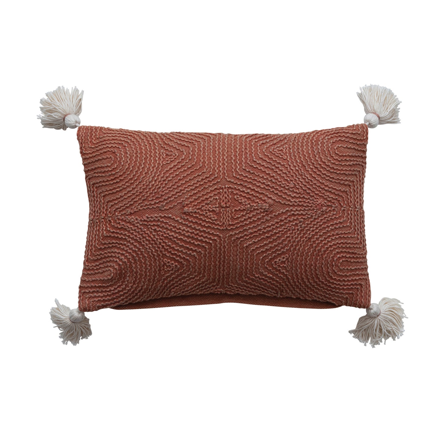 16"L x 10"H Cotton Lumbar Pillow w/ Embroidery & Tassels, Terra-cotta Color