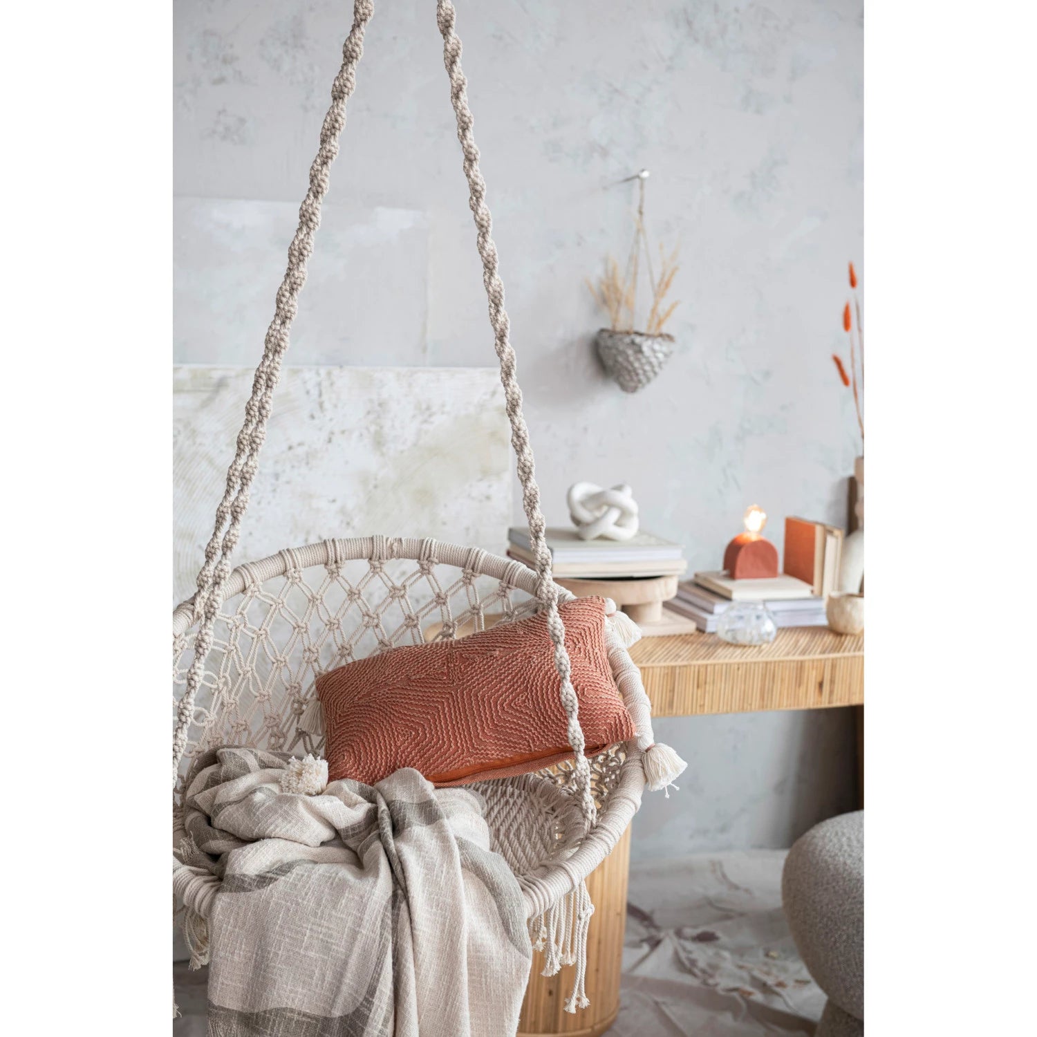 Cotton Lumbar Pillow w/ Embroidery & Tassels