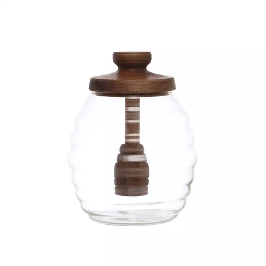 Glass Honey Jar w/ Acacia Wood Lid & Attached Honey Dipper, Natural