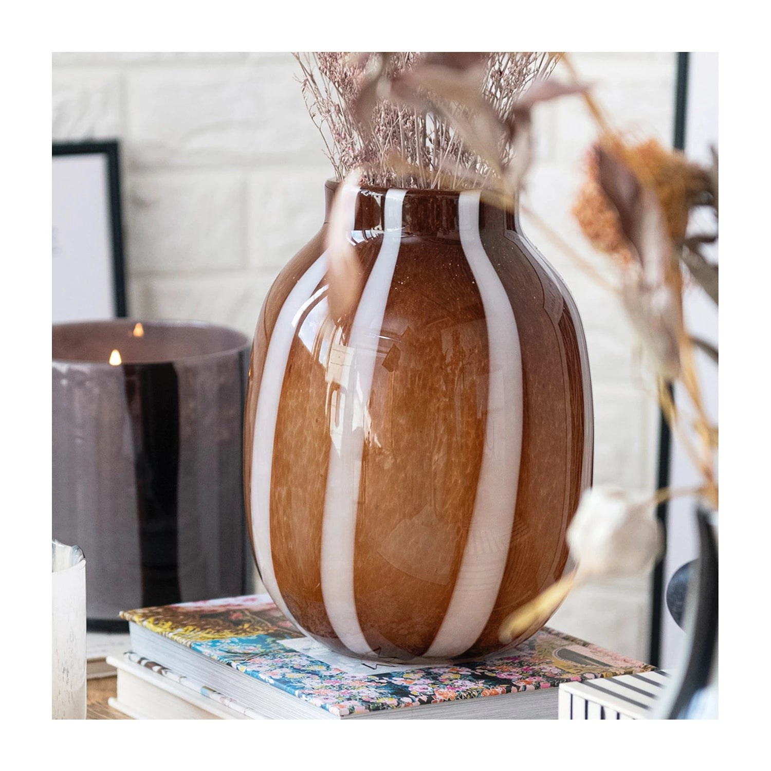 Brown & White Striped Glass Vase