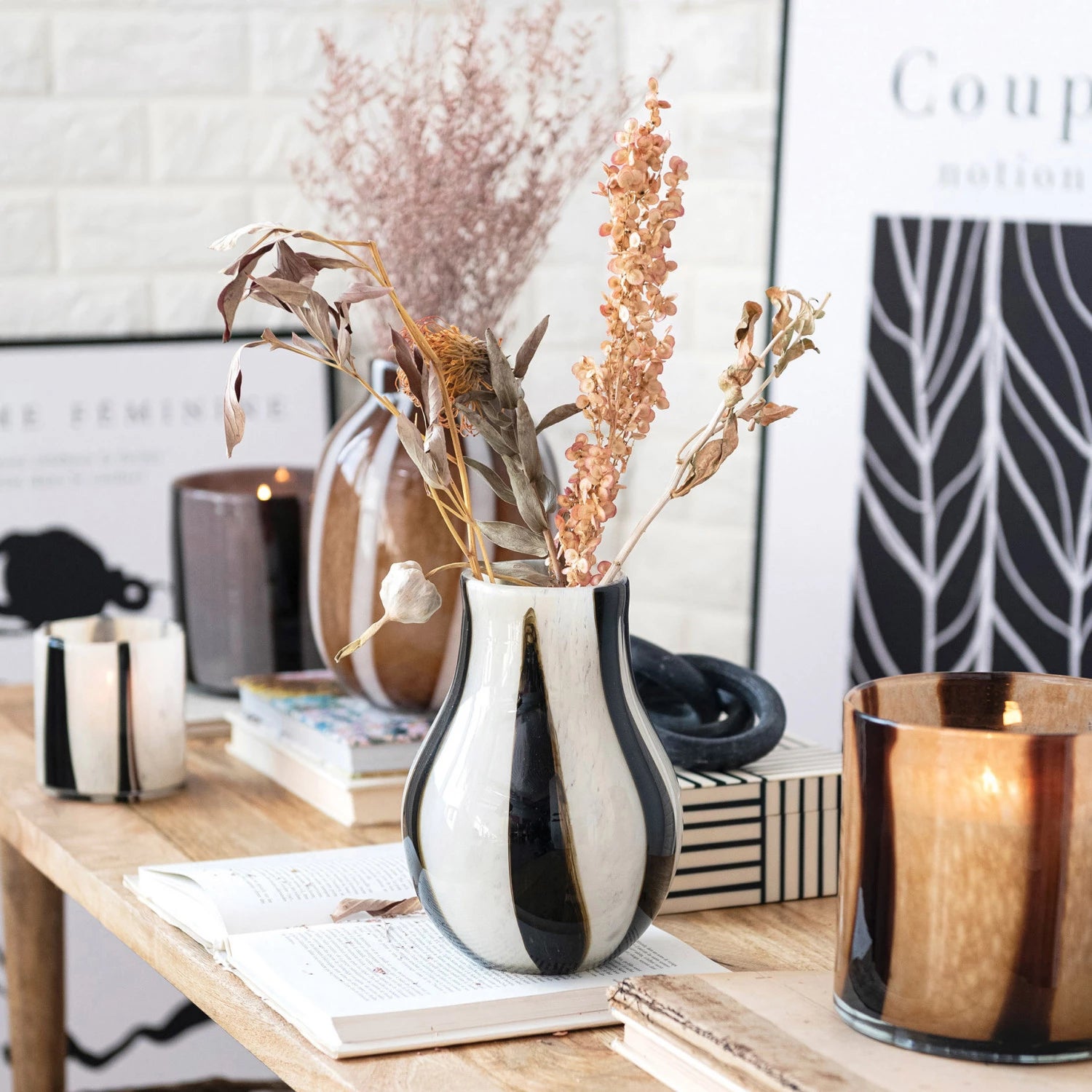Black & White Striped Glass Vase