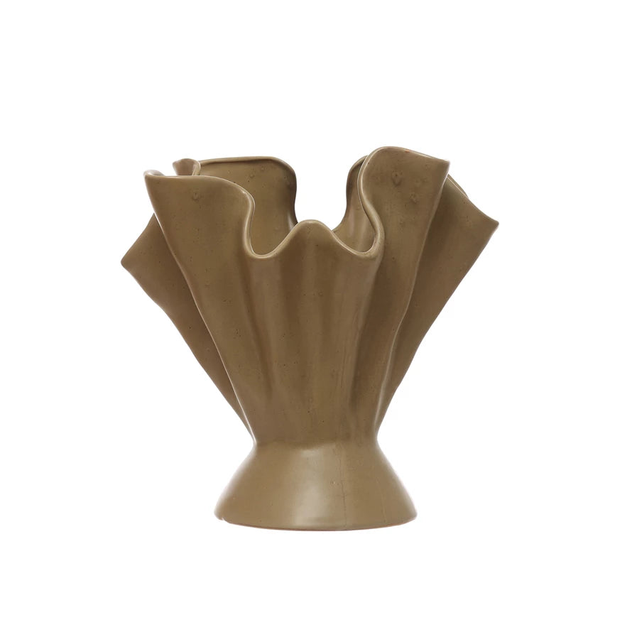 Stoneware Ruffled Vase, Reactive Glaze, Sage Color