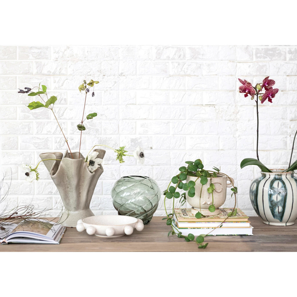 Stoneware Ruffled Vase, Reactive Glaze, Sage Color