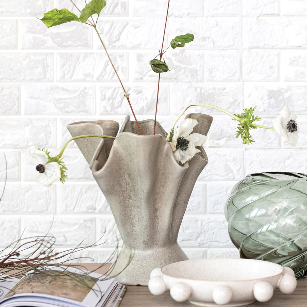 Stoneware Ruffled Vase, Reactive Glaze, Sage Color