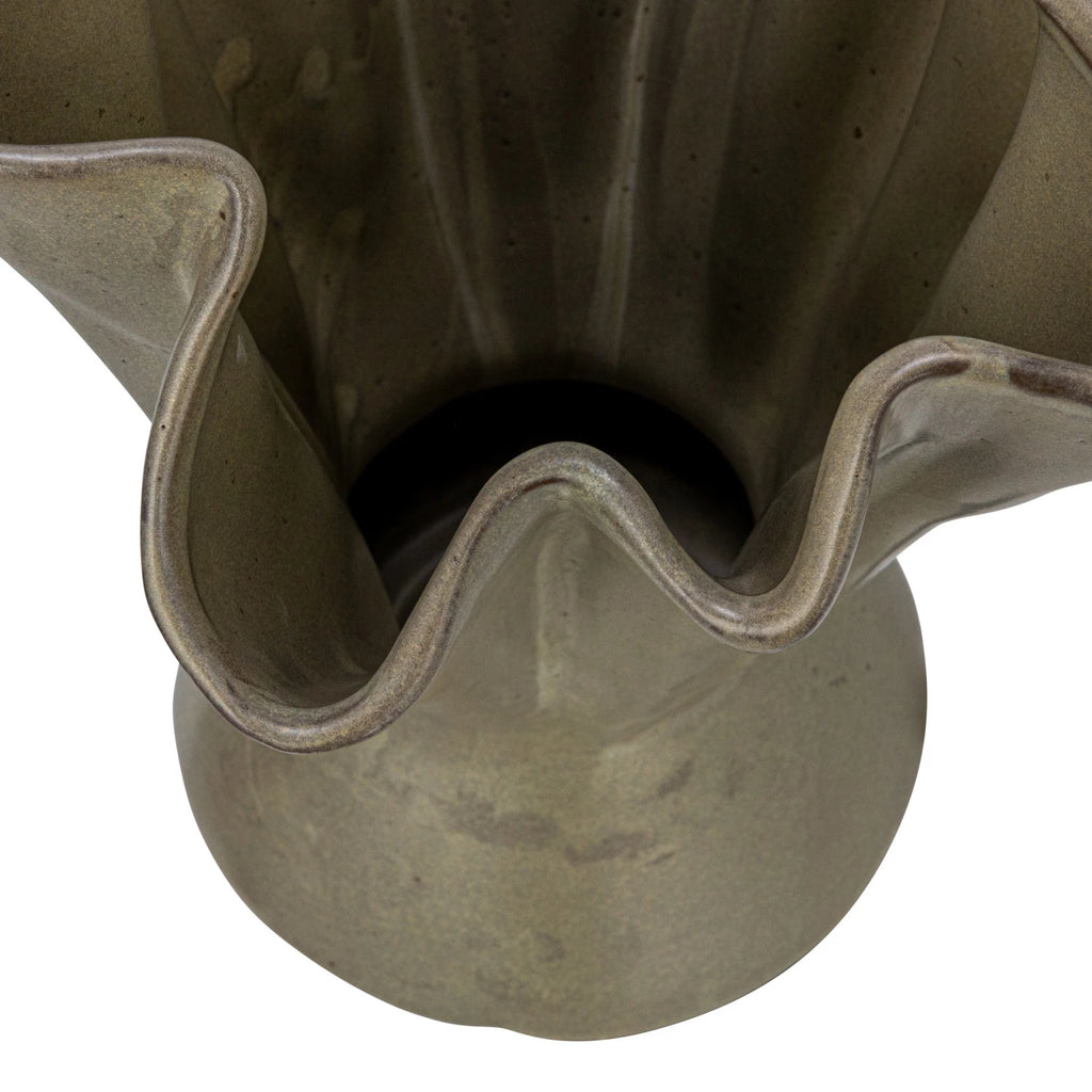 Stoneware Ruffled Vase, Reactive Glaze, Sage Color