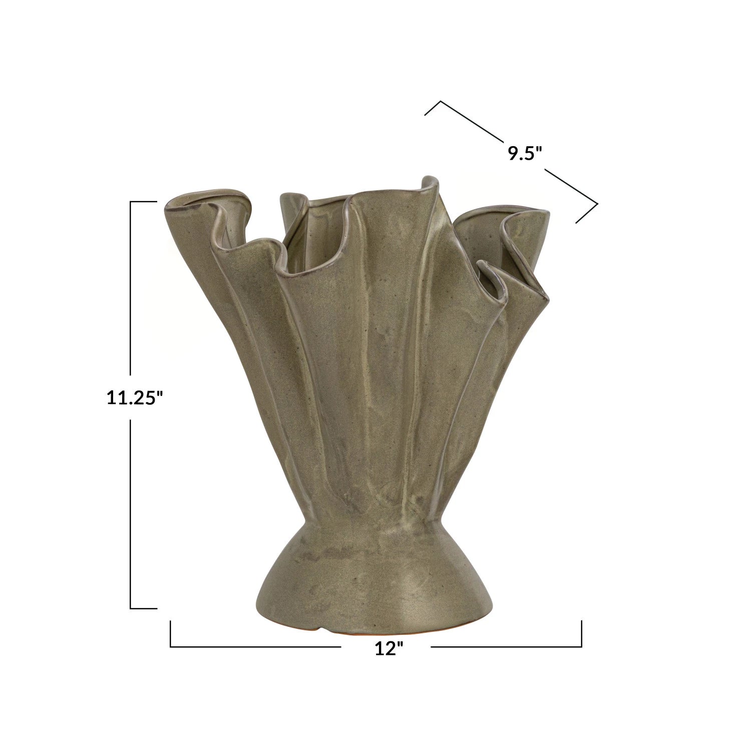 Stoneware Ruffled Vase, Reactive Glaze, Sage Color