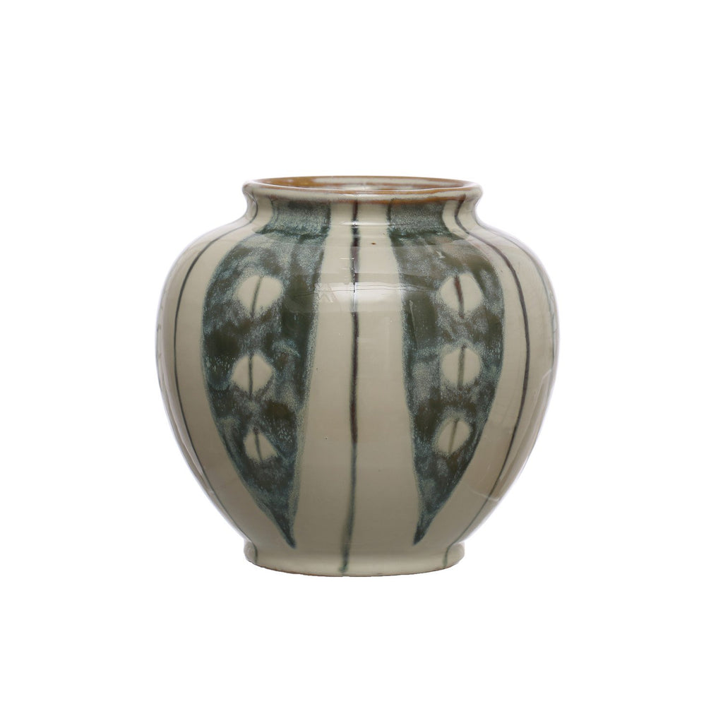Hand-Painted Stoneware Vase w/ Stripes, Reactive Glaze