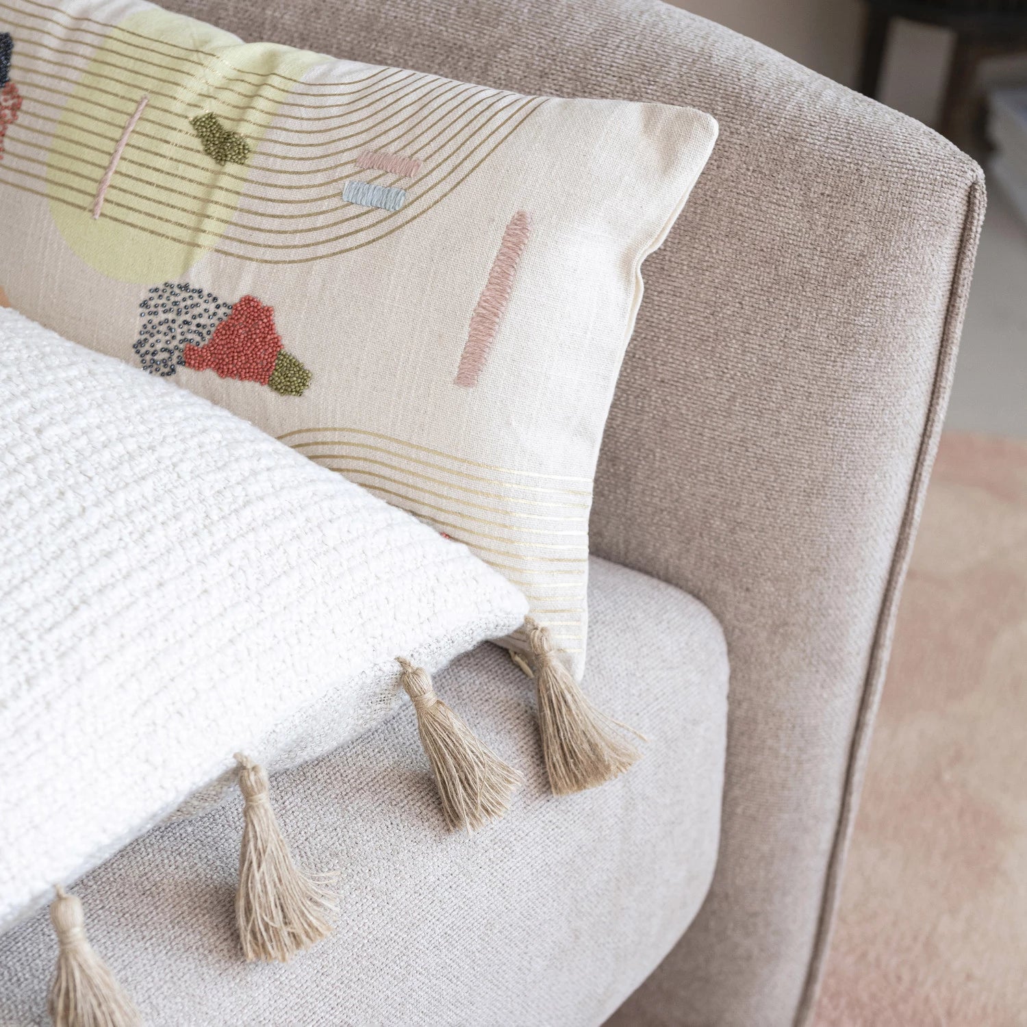 Square Cotton & Linen Blend Pillow w/ Jute Tassels