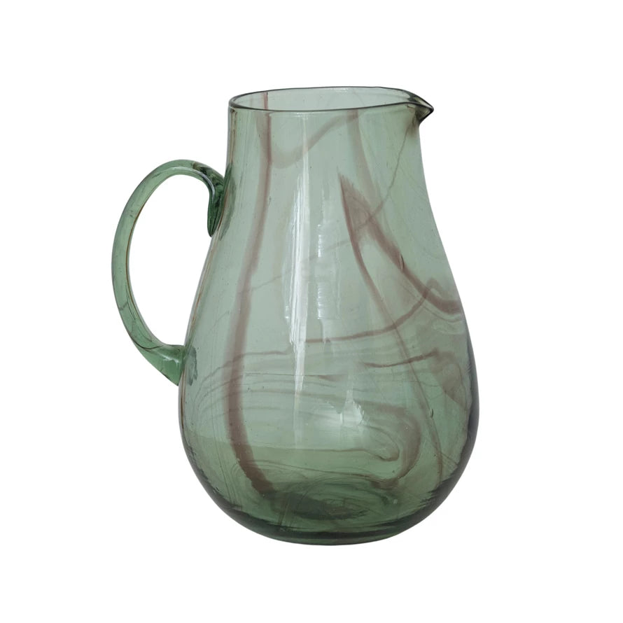 Hand-Blown Recycled Glass Pitcher, Marbled Green & Purple