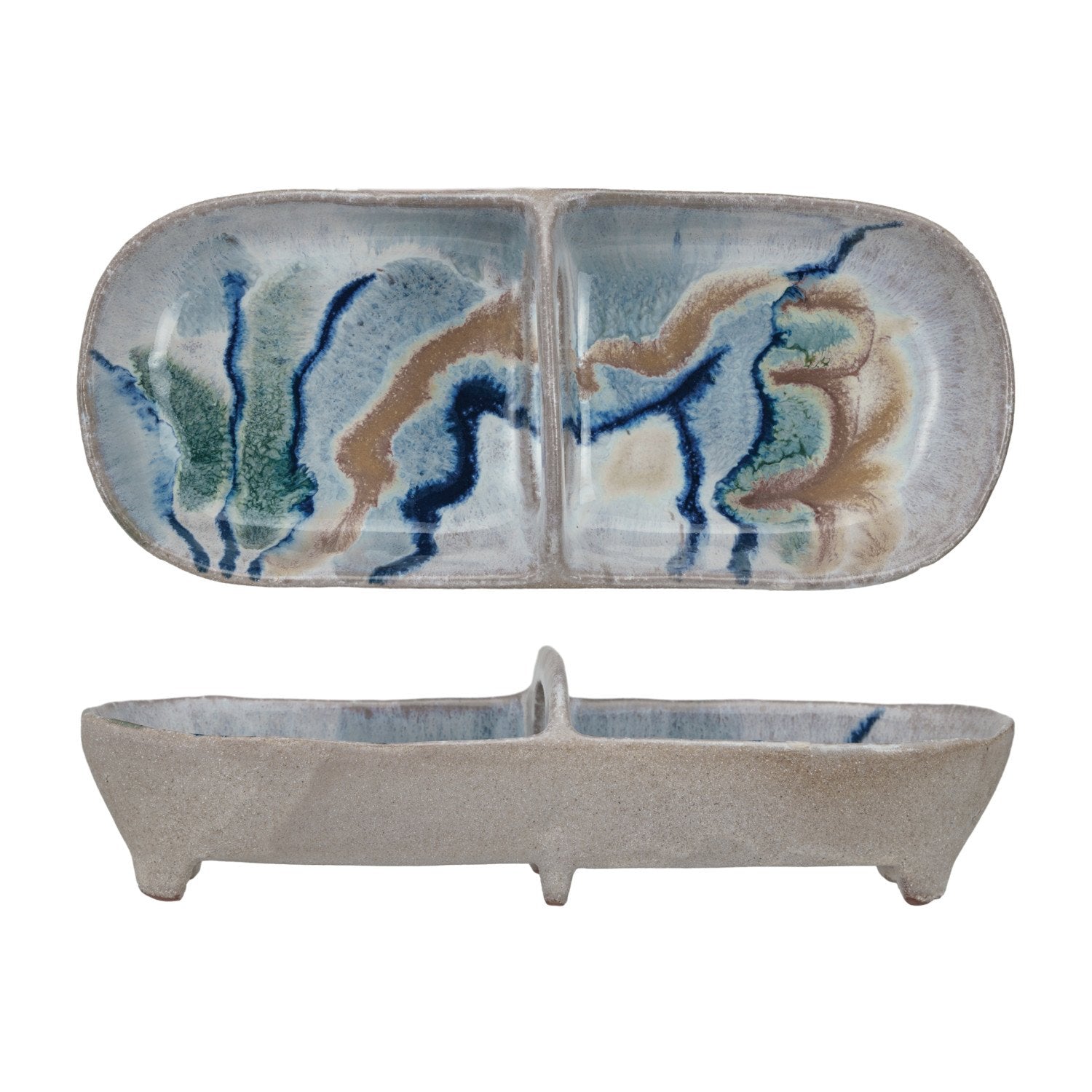 Stoneware Footed Dish w/ 2 Sections & Handle